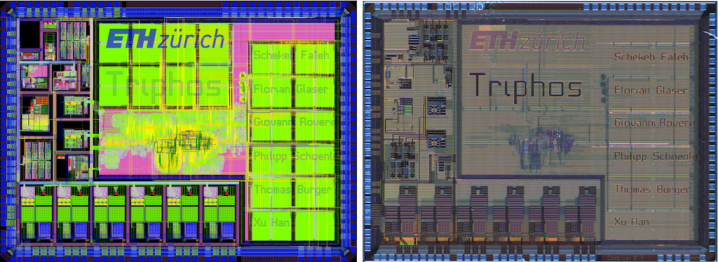 An ASIC (Triphos) from the Integrated Systems Laboratory as seen during development (left) and manufactured (right)